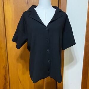 Black Cardigan Sweater Shirt Short Sleeve Button-Up Thick Knit Fall Winter
